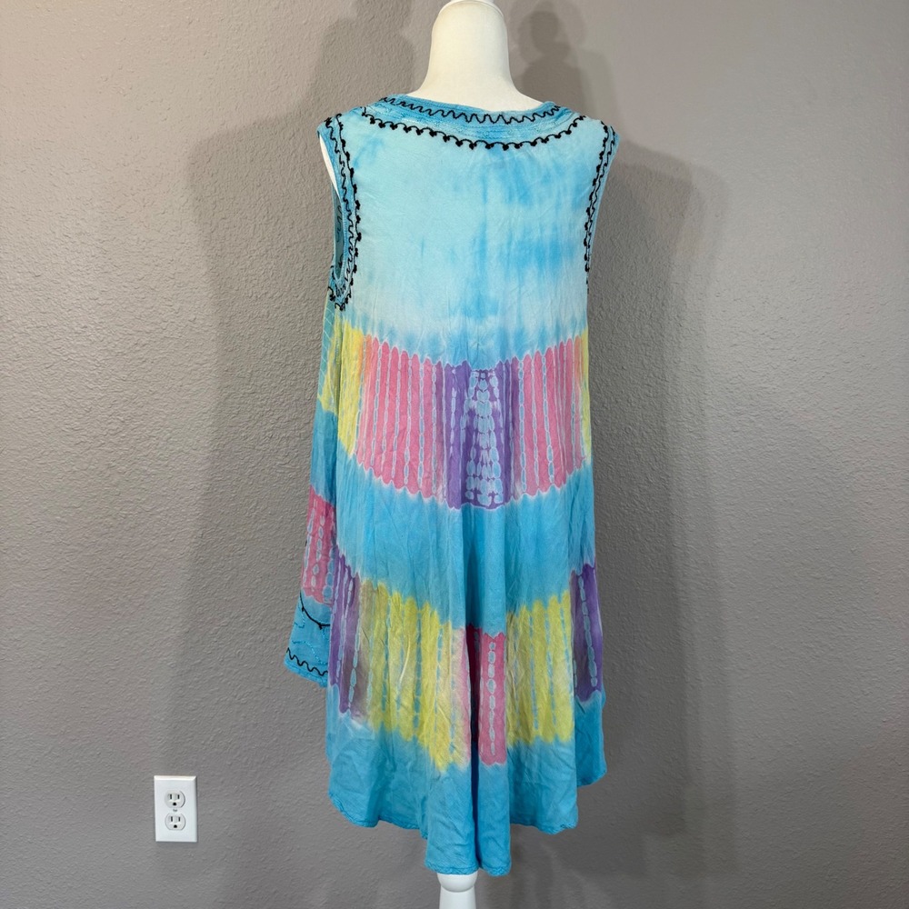 India Boutique Size Free Size Blue Tie Dye Embroidered Sleeveless Tunic Dress - Picture 2 of 7